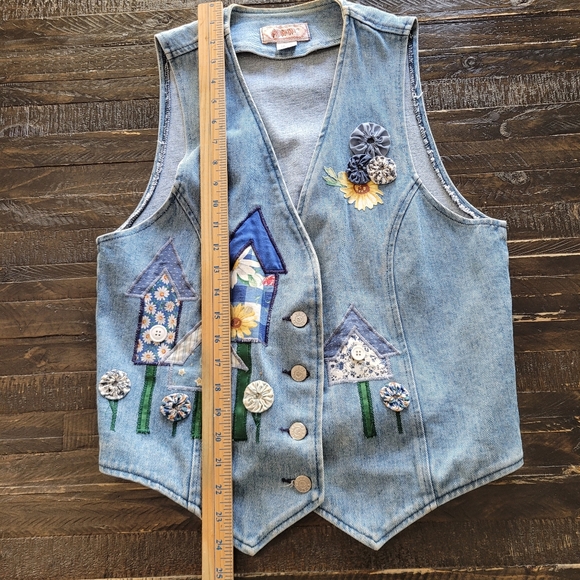 Vtg Apache Denim Vest - Women's Medium USA - BirdHouse/Flowers - Picture 4 of 5